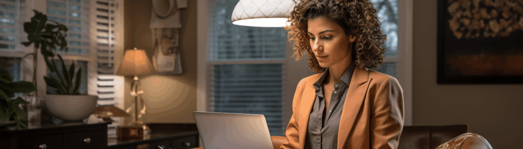 Career Counselor looking up common degree coursework on laptop.