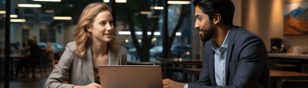 Career counselor helping a client at a desk with a laptop.