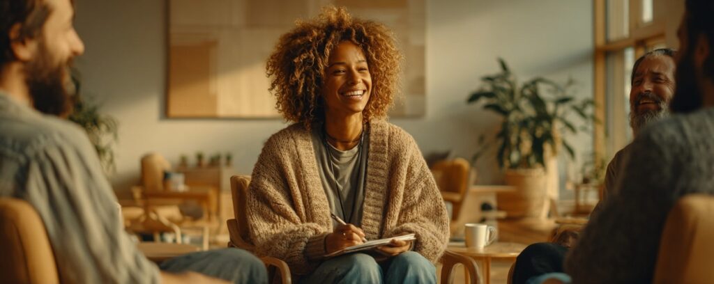A Therapist is laughing with her clients while holding a pencil and notepad