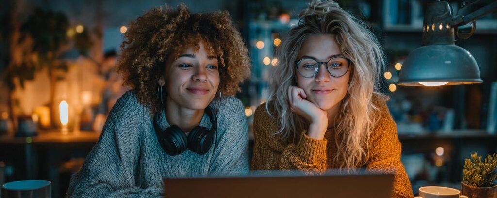 Two students researching together on a laptop how to choose the right online master’s in counseling program.