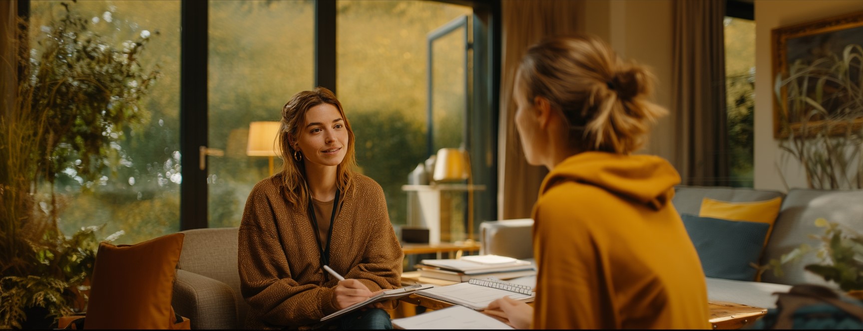A counselor listens warmly to a client in a cozy, sunlit room.