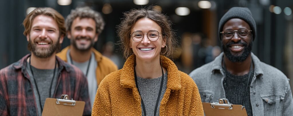 Smiling diverse team of counseling students holding clipboards