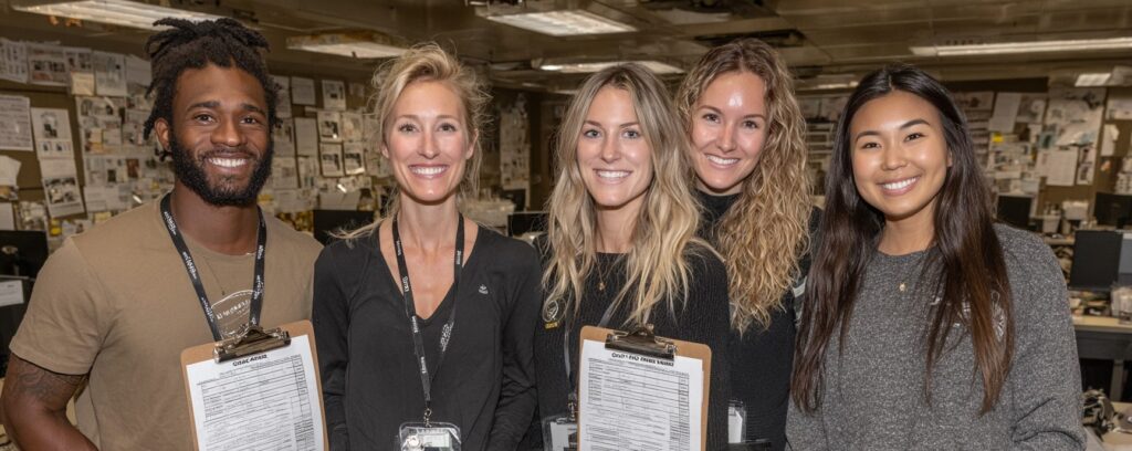 students in a social work/psychology graduate environment holding clipboards with a checklist and Comparing Career and Salary Options