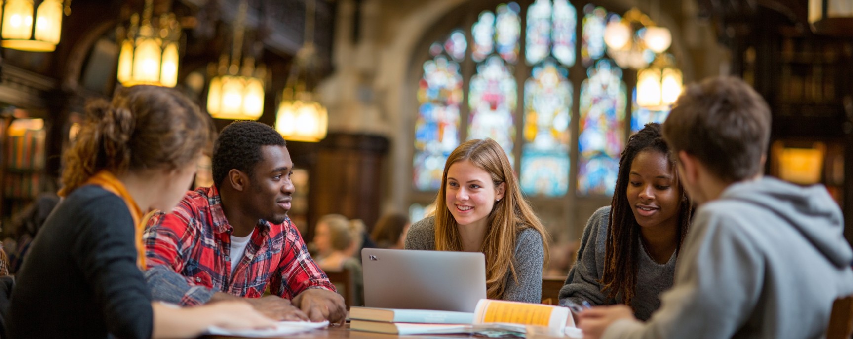 Students collaborating in a Christian university library, studying together with laptop and books