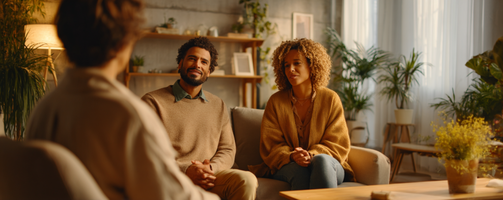 Associate marriage and family therapist meeting with a couple in a calm, modern therapy office during a counseling session.