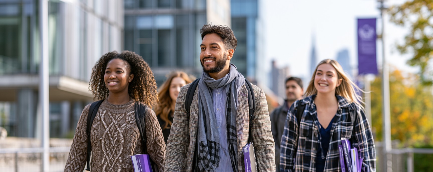 Group of graduate students walking across campus.