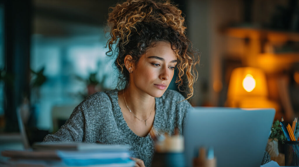 Graduate student studying counseling online with a laptop, counseling textbooks, academic notes, and tuition planning documents on a modern desk.