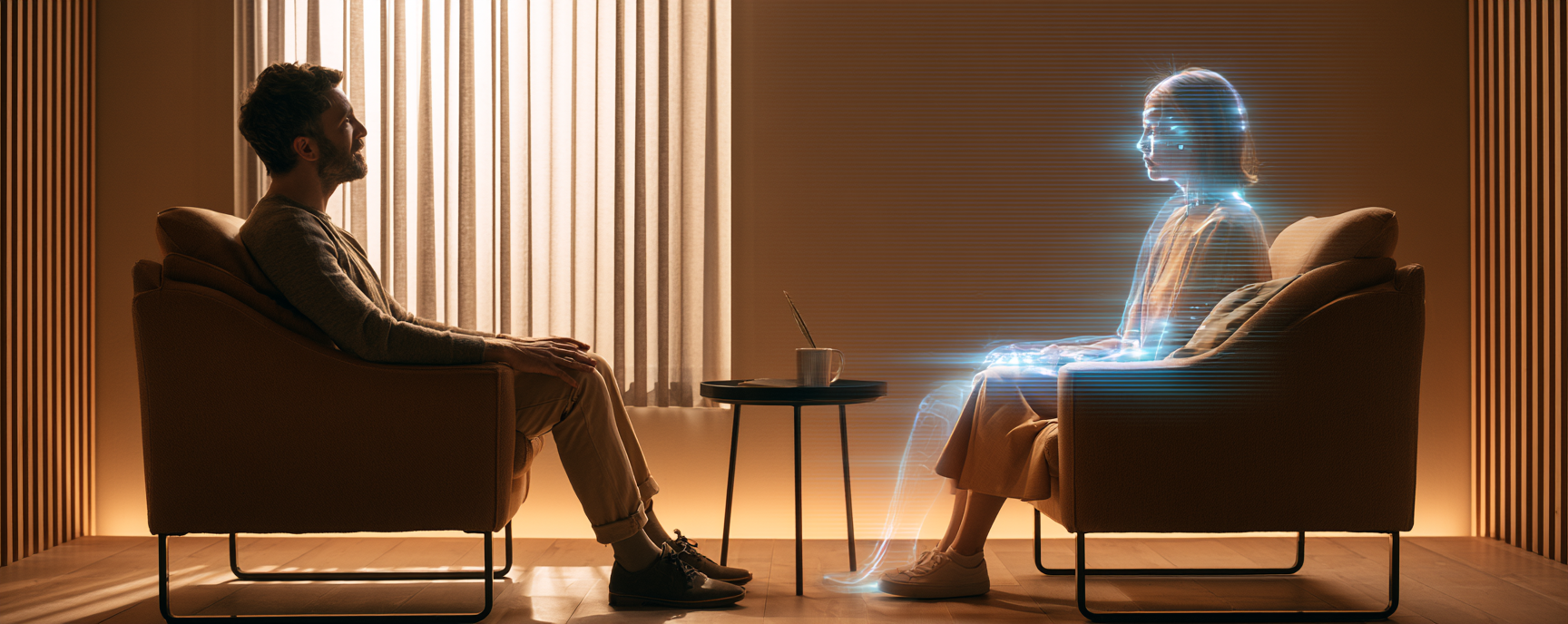 a young man sitting with an AI therapist in a modern office.