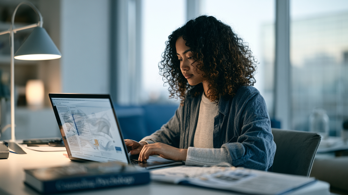 A counseling graduate student studying for an exam at their home desk with a textbook and laptop.